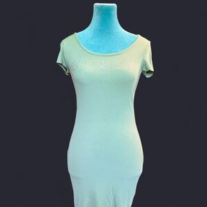 Vintage Y2K Guess Women's Green Mini T-shirt Dress Rhinestone mcbling Small